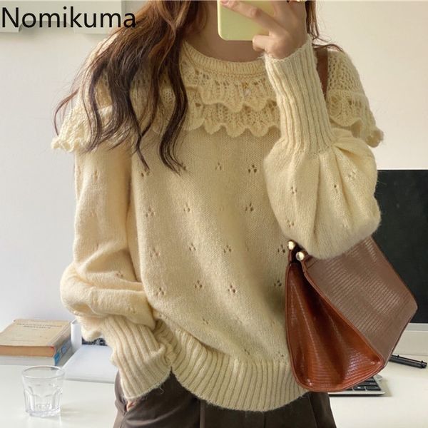 

nomikuma korean vintage pull femme solid color hollow out retro pullover jumpers casual all-match sweater sueter mujer 3d131 210514, White;black