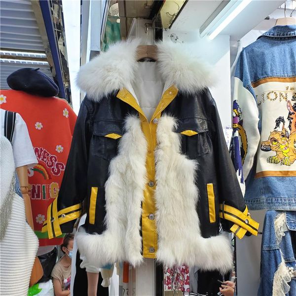 

women's leather & faux fashion removable big fur collar color contrast patchwork parkas winter loose casual women warm cotton padded co, Black