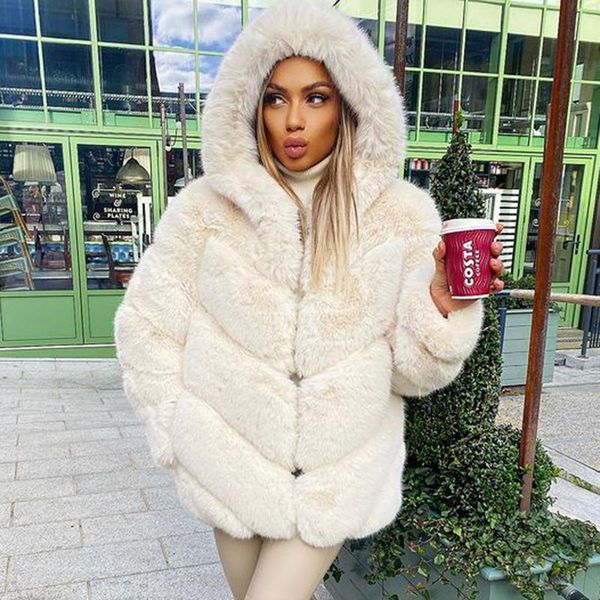

women's fur & faux agong winter casual thick hooded coats women fashion solid jackets elegant covered button female ladies, Black
