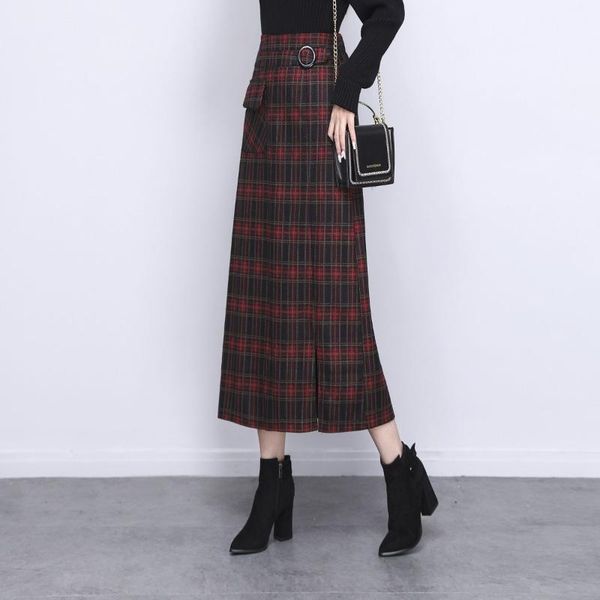 

skirts woolen plaid skirt autumn winter a-line wrapped buttock women mid-length umbrella split sweet casual, Black