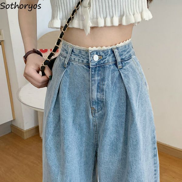 

women jeans vintage female wide leg trousers lace pleated womens clothes casual loose 2xl bf high waist fashion korean style new, Blue
