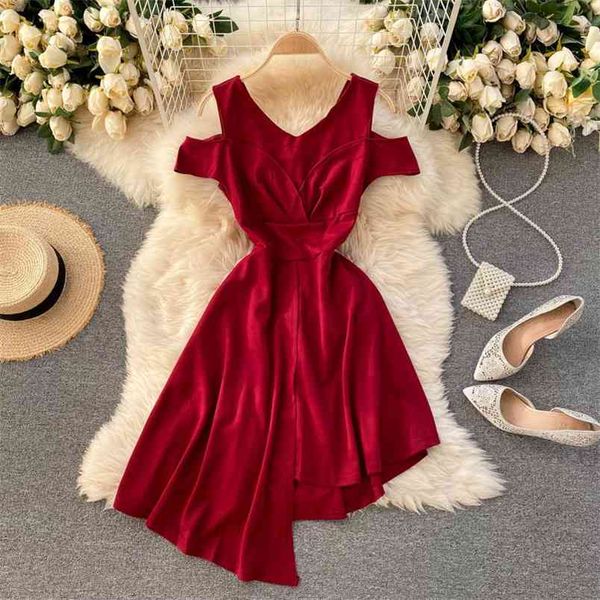 

spring temperament fashion vestidos female v-neck strapless slim slimming irregular mini dress c515 210506, Black;gray