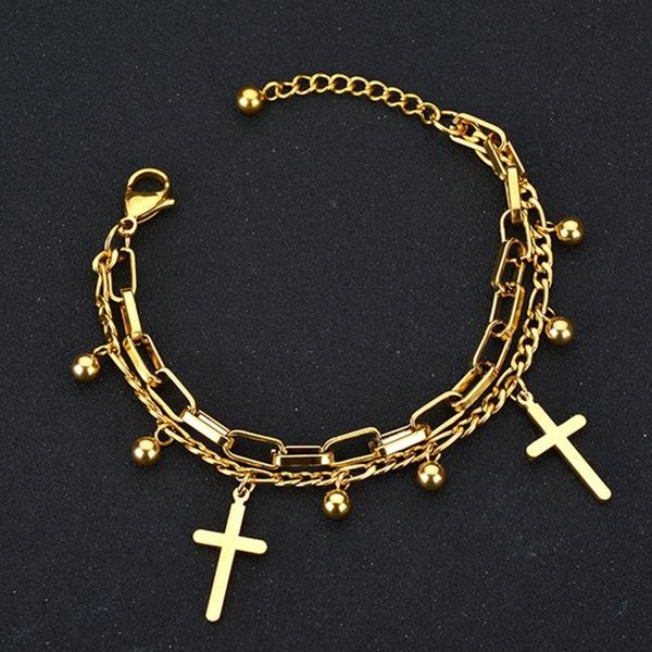 

link, chain fashion 2021 stainless steel cross bracelets for woman double layer men big brand design, Black