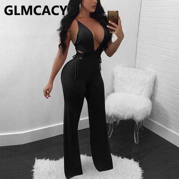 

spaghetti strap v neck lace up jumpsuit solid overalls 210702, Black;white