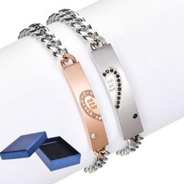 

couple identification 2 pieces of titanium zircon love matching creative stainless steel lover bracelet valentine's day gift, Black