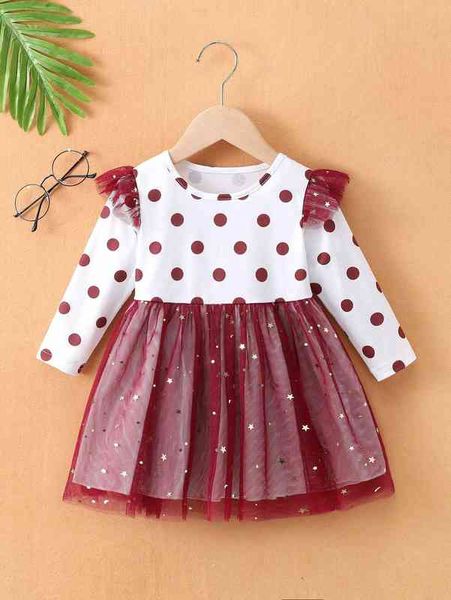 

baby polka dot contrast star mesh ruffle trim dress she, Red;yellow