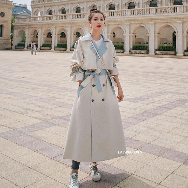 

women's trench coats minimalist windbreaker contrasting color stitching long 2021 spring autumn loose high waist double breasted fashio, Tan;black