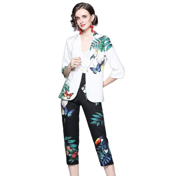 

women's two piece pants elegant lady office outfits runway fashion spring autumn suit notched collar print blazer trousers sets, White