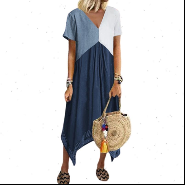 

color block patchwork summer women dresses beach short sleeve asymmetrical loose casual mid long v neck plus size vestidos, Black;gray