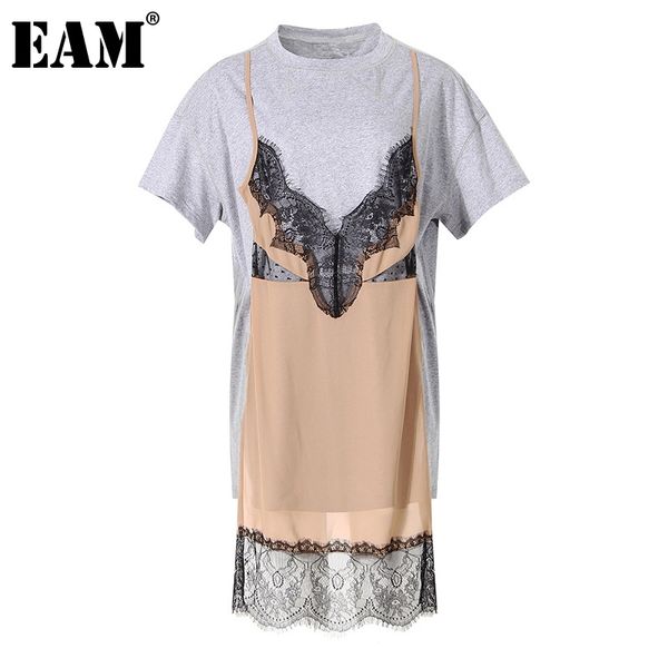 

[eam] women gray lace irregular spliced long dress round neck short sleeve loose fit fashion spring summer 1dd8668 21512, Black;gray