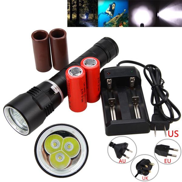 

scuba led diving underwater 10000lm 3x xm-l t6 tactical lanterna torch+26650 battery+charger flashlights torches