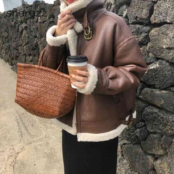 

women's leather & faux wenfly casaco feminino de couro sintÃ©tico, jaqueta e lÃ£ fashion manga comprida com zÃ­per grosso coreano rou, Black