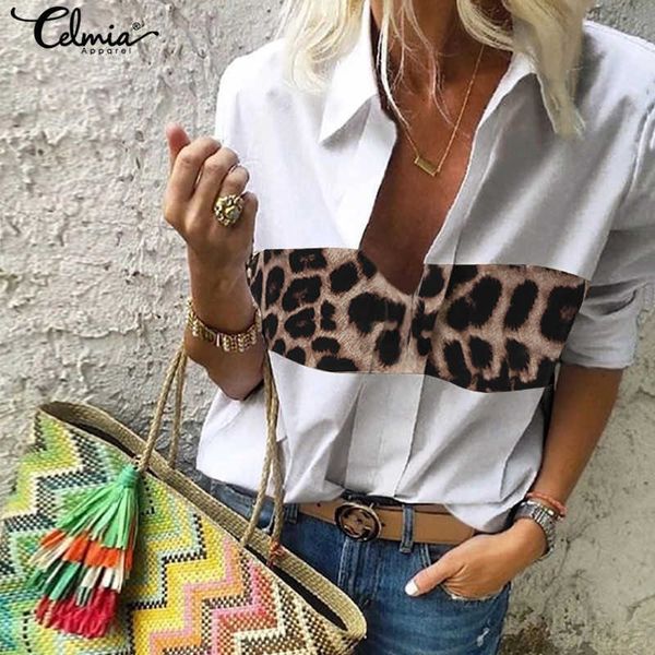 

women's blouses & shirts blouses 5xl celmia women v-neck autumn leopard stitching oversize long sleeve and vintage blusas plus qrk7, White