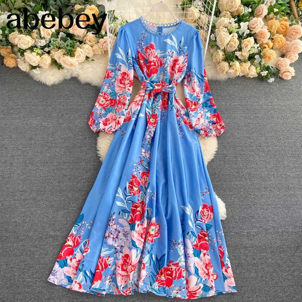

women fashion floral maxi dress bohemian lace up o neck puff sleeve a-line dress korean print summer beach long dress 210715, Black;gray