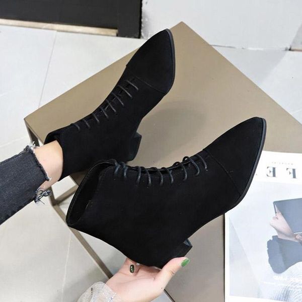 

boots 2021 autumn women pointed toe ankle lace up flock flat boot low heels booties ladies shoes black botas mujer spring 8702n