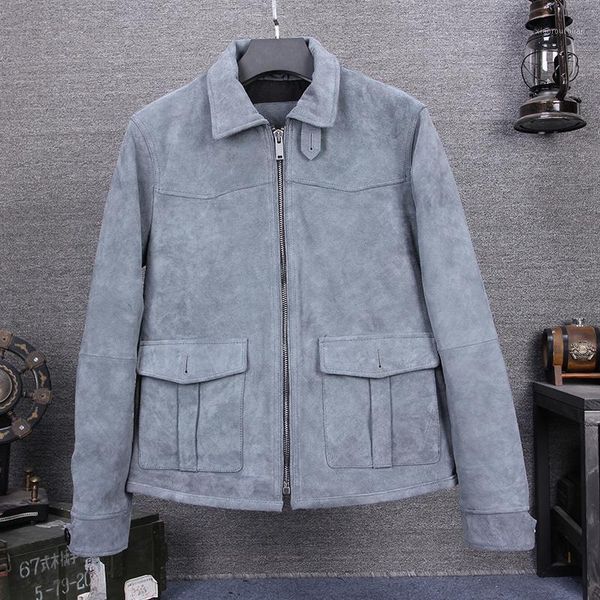 

men's leather & faux 2021 gray blue cow suede jacket with two pockets slim fit vintage genuine coat men spring casual male, Black