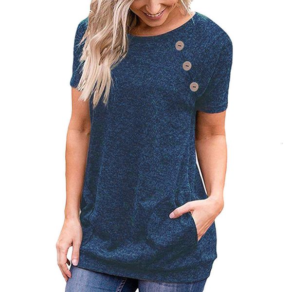 

women's t-shirt spring round neck pocket button short sleeve d3oe, White