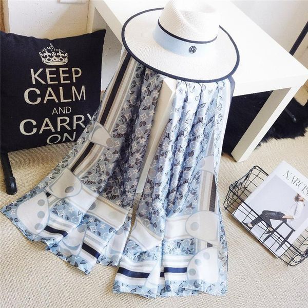 

scarves silk satin summer bufanda mujer thin sunscreen women scarf female beach wheel print simulation foulard hijab shawl, Blue;gray