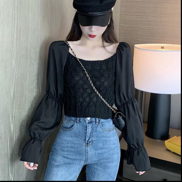 

sweet slash neck womens blouses crop autumn fashion solid flared long sleeve chiffon blouse casual fall clothing shirt, White