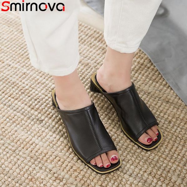 

smirnova big size 34-43 fashion summer sandals thick high heels shoes genuine leather slingback prom women, Black