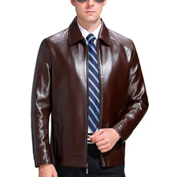 

mens genuine leather coats spring autumn style sheepskin turn-down collar solid slim fur overcoats for males outerwear, Black