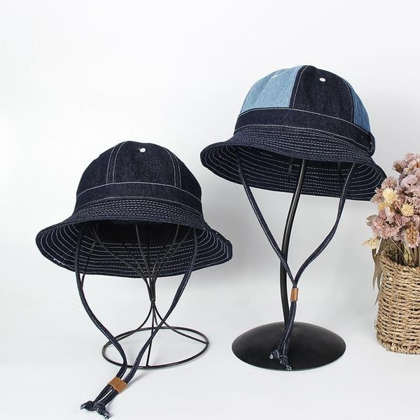 

wide brim hats denim splicing dome fisherman's hat drawstring shading summer sun protection women outdoor sombrero cap basin, Blue;gray