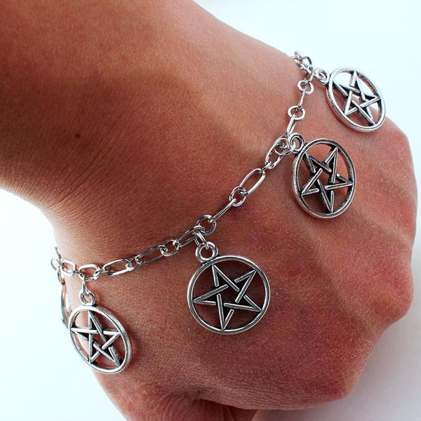 

gothic pentagram bracelet for women white gold color magic witchcraft stars hand link chains pendant accessories jewelry vgh015 charm bracel, Golden;silver