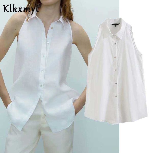 

klkxmyt za blouse women button-up shirt woman sleeveless summer office wear female casual chic shirts 210527, White