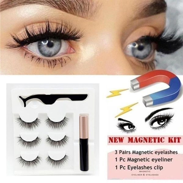 

false eyelashes natural magnetic set lashes 3d mink with waterproof liquid eyeliner and makeup tweezer