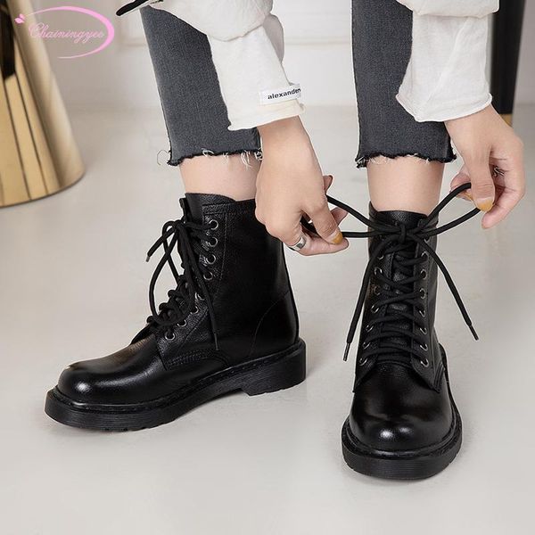 

boots casual style comfortable round toe ankle lace-up black brown platform low-heeled chunky motorcycle women's shoes