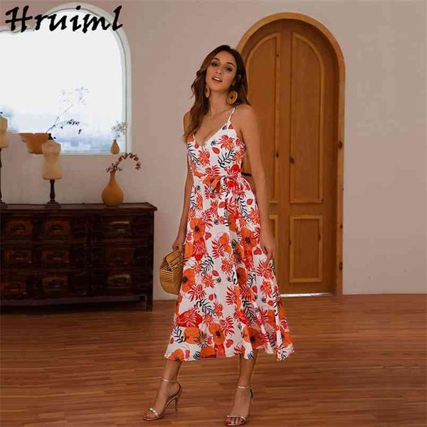 

dress backless elegant slim beach printing woman strappy sleeveless midi sling v neck holidays casual party a-line es 210513, Black;gray