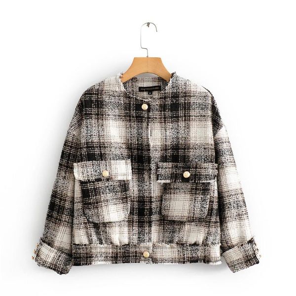 

women's jackets zatraf round neck long sleeve single breasted fur trim coat in autumn 2021 plaid tweed 08289416093, Black;brown
