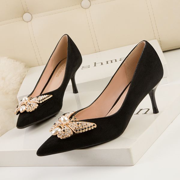 

2021 NEW Spring Stiletto Heels Pumps Crystal buckle Butterfly-Knot Bling Patchwork Fashion Sweet Pointed Toe Party Shoes, Black