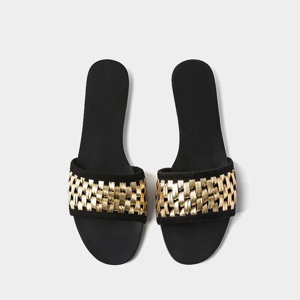 

vintage golden weaving slippers women open toe flat heel slipper sandals summer fashion weave casual flats shoes zapatos muje, Black