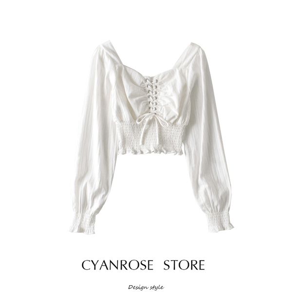 

vintage court style square collar casual short blouse shirt women solid puff sleeve slim ladies bandage crop white 210417