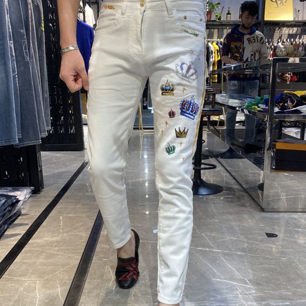 

men's jeans spring summer new crown personality printed straight pants skinny trend ripped for men ceph, Blue
