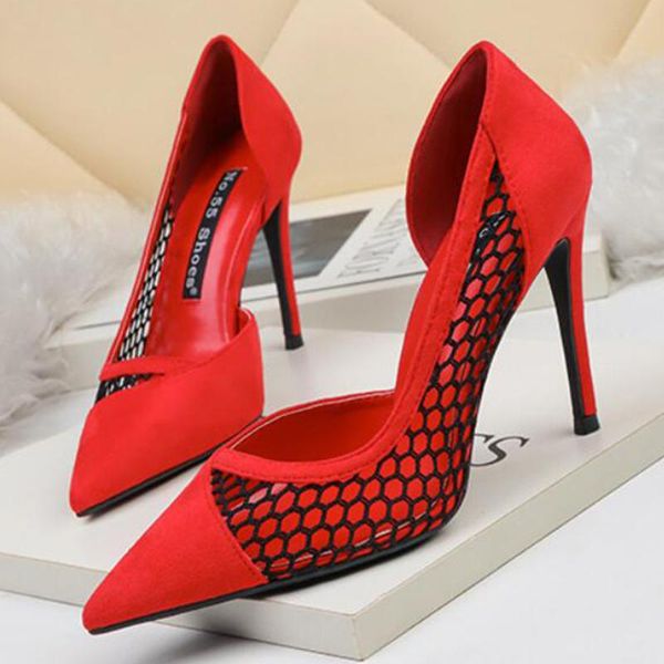 

dress shoes party patchwork mesh pointed toe flock pumps women slip on shallow sandals hollow out stiletto high heels woman 2021, Black