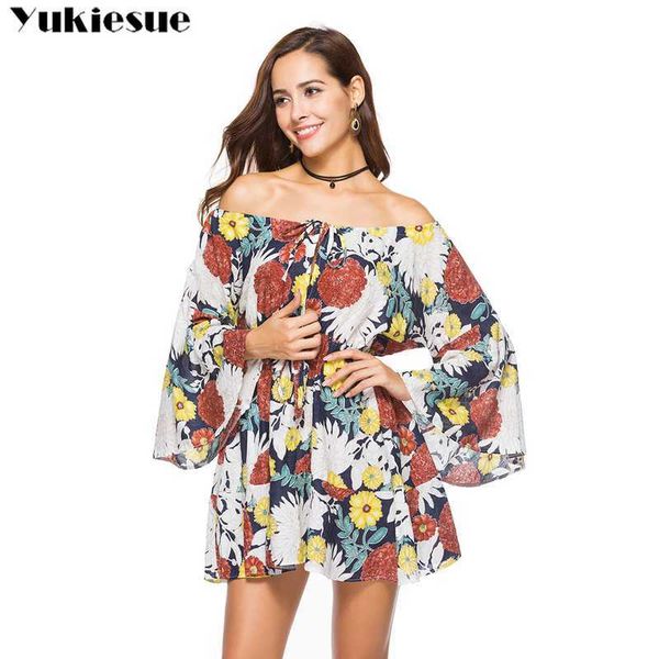 

floral printed off shoulder dress for women flare sleeve loose casual women's es maxi club party female 210608, Black;gray