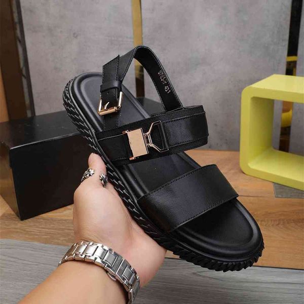 

70% off wholesale sandals flip-flops summer new style sandals metal buckle cowhide surface outdoor beach guangzhou high end shoes, Black
