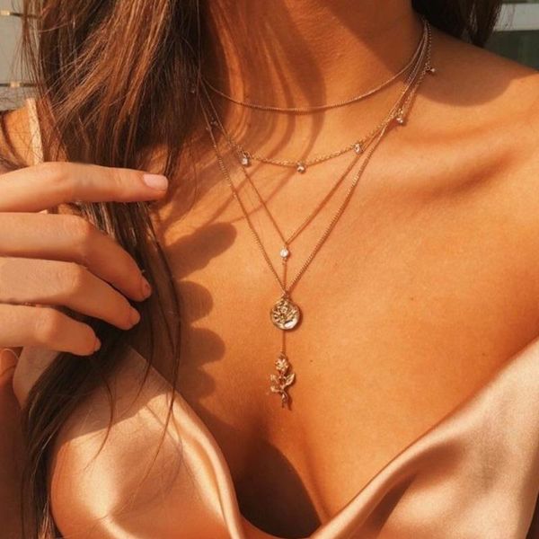 

pendant necklaces 4pcs/set women fashion roses round pattern clavicle chain gold long necklace set engagement party jewelry, Silver