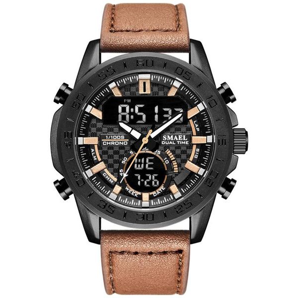 

smael wrist watch street outdoors waterproof motion genuine leather watchband more function electronics man wristwatches, Slivery;brown