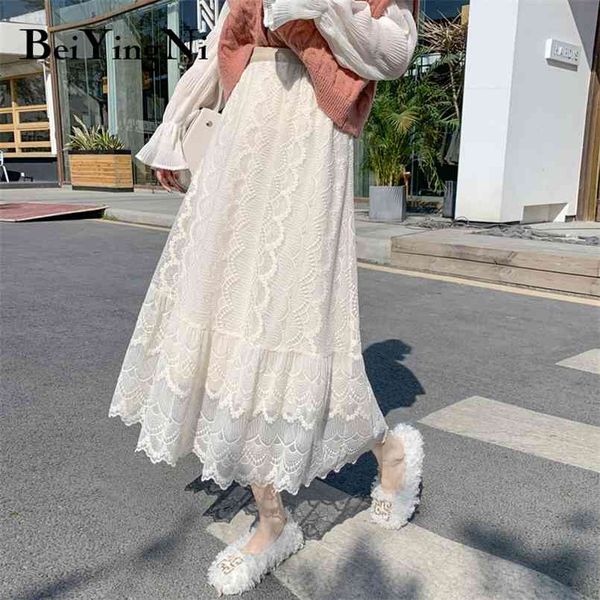 

fashion midi women's skirt hollow out lace korean casual a line simple long elegant street ol faldas mujer 210506, Black