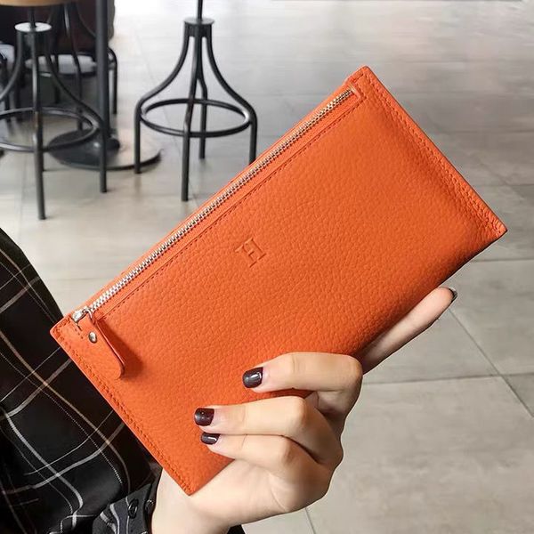 

genuine leather wallet womens long 2021 new mobile coin purse internet celebrity minimalist soft cowhide ultra-thin ins trendy, Brown;gray