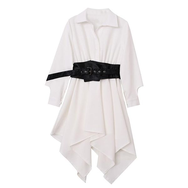 

casual dresses women white pu leather belt irregular shirt dress lapel long sleeve loose fit fashion tide spring autumn 2021 e890, Black;gray