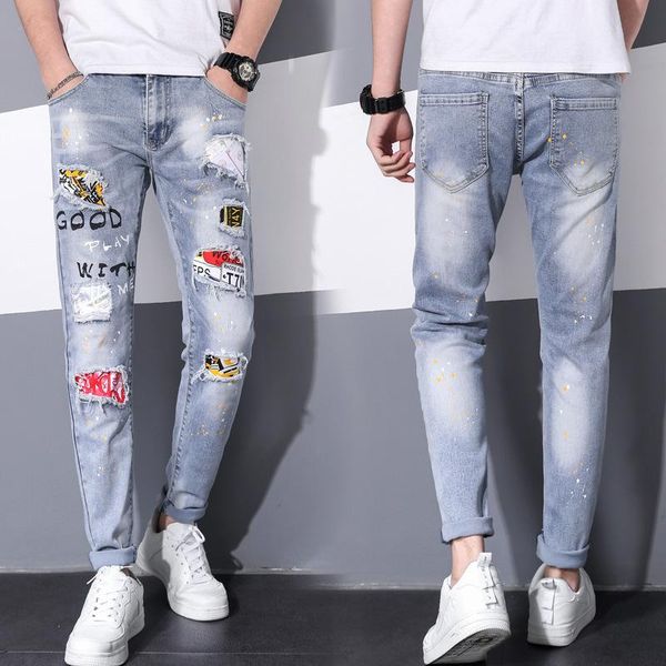 

2021 fashion summer men's jeans man teenagers biker skinny casual personality mens denim zipper light blue pants