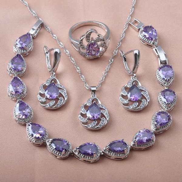 

earrings & necklace for women bridal jewelry silver color purple crystal sets pendant bracelet rings yz0633