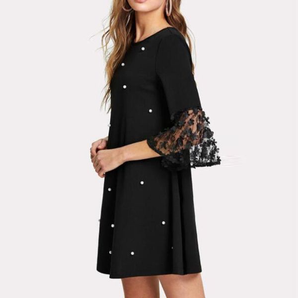 

casual dresses summer 2021 fashion women wave solid point o-neck spliced hollow out long sleeve dress for women#xx, Black;gray