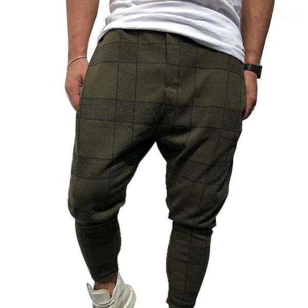 Calças masculinas 2021 homens xadrez bolso baixo virilha harem calças soltas caber hiphop street wear