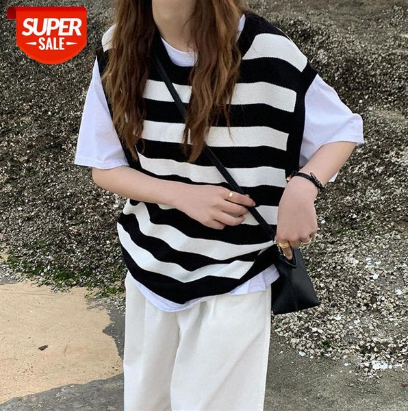 

huang zheng hit color striped knitted vest women korean style loose sleeveless waistcoat outer wear xsd21030 #wo2o, Black;gray