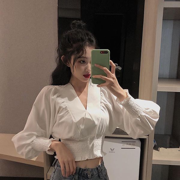 

Women's Blouses & Shirts spring autumn blusas mujer de moda v-neck solid short korean fashion clothing brand tops and blouses vintage style PLU4, White